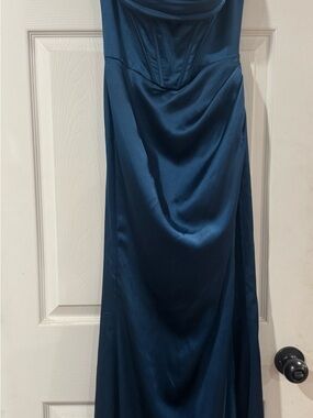 Satin Teal Strapless Prom Gown